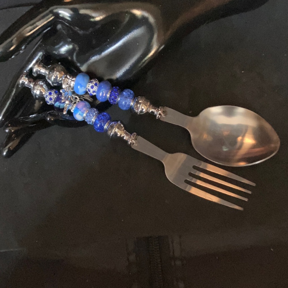 Chic Blue Beaded Fork and Spoon Set